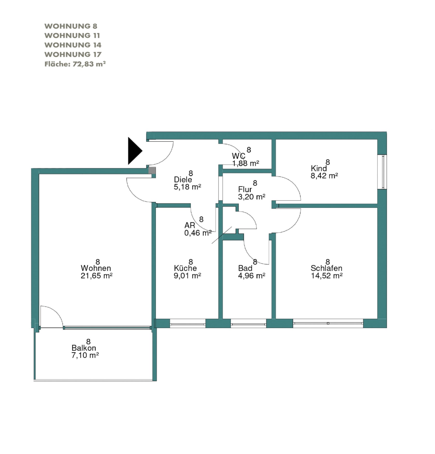 Grundriss Wohnung 8, 11, 14 und 17